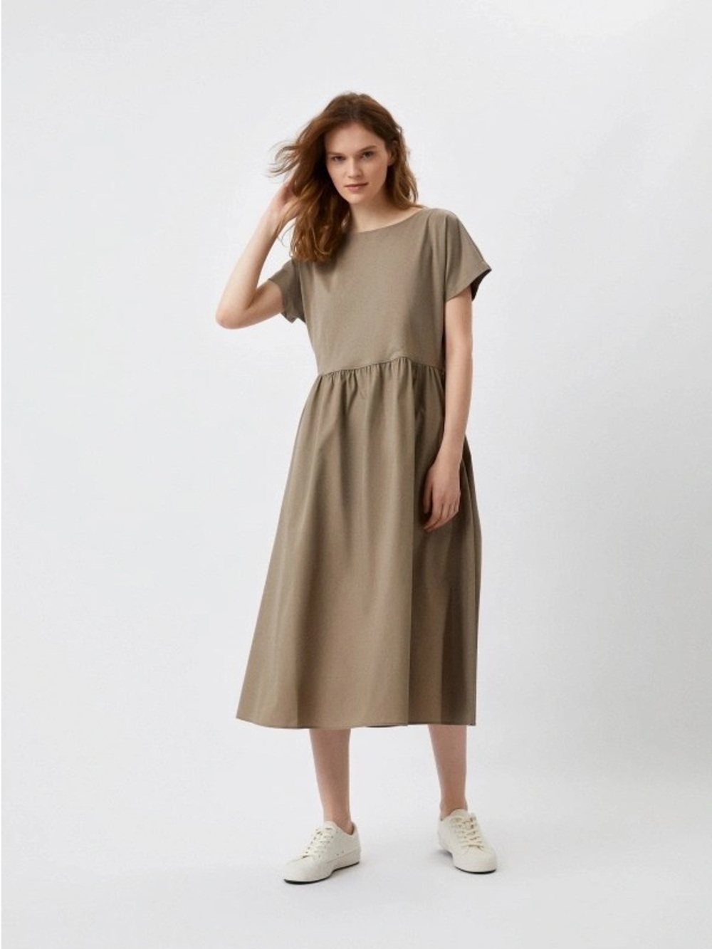 Uniqlo Olive-Taupe Short Sleeve Cotton Midi Dress